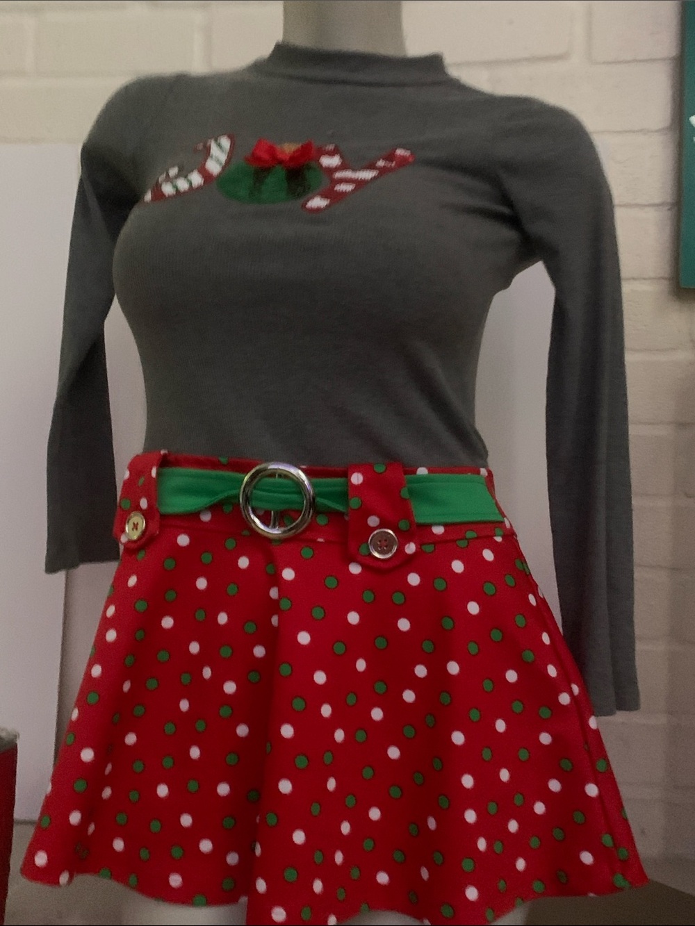 Holiday Red Polka Dot Skater dress with Green Trim